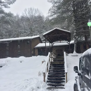 the steps leading up to the lodge