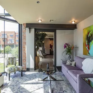 Two-story glass chandelier in sitting room