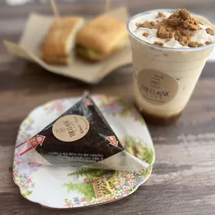 Iced Salty Toffy Latte, Kimchee/Tuna Triangle GImbop, &amp; Bulgogi Panini