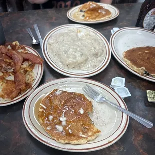 Chow time! Blueberry pancakes, biscuits and gravy, side of hash browns and bacon