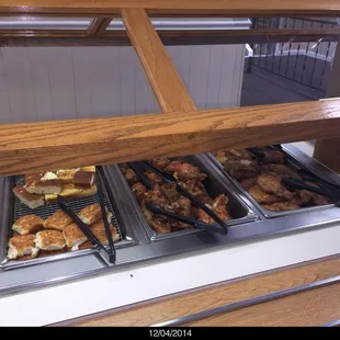 Part of the day's buffet - Fried Pork Chops, Baked Ham, Corn Bread, Fried Okra