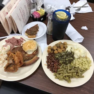 Chicken, pork chop, slaw, fried okra, field peas, baby limas, collard greens &amp; green beans. Yum!!!