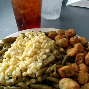 Green beans, corn and sweet tea just like my granny made, well worth the drive