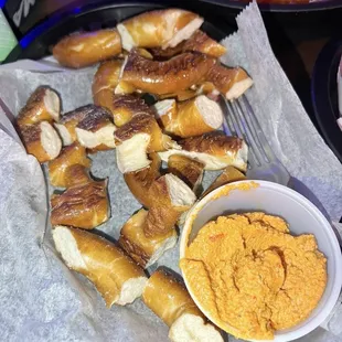 Pretzel bites and cheese (the cheese is served chilled)
