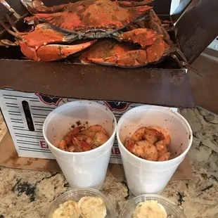 "Classy" crabs, fresh steamed gulf shrimp and Crabby eggs!!! Best Father's Day feast EVER!!!   Thank you Joe and Jeannie!