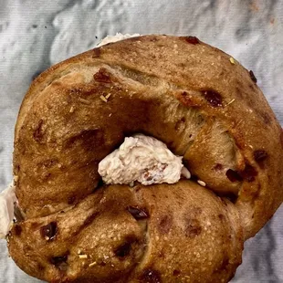 Cinnamon Cranberry Bagel with Brie-Honey Walnut Schmear.