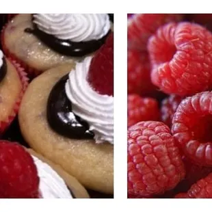 a close up of a woman in a red leheni and raspberry cupcakes