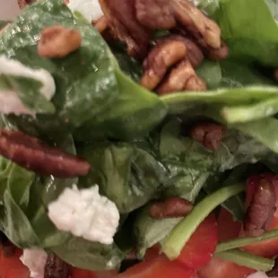 Spinach-strawberry salad with white balsamic vinaigrette (the cheese is goat cheese, which I can have)