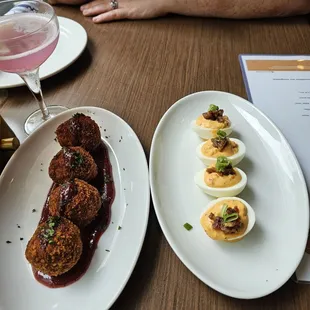 Ham and cheese croquettes and pimento cheese deviled eggs.