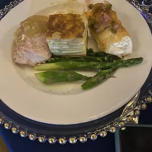 Chicken, Fish, Potatoes, and Asparagus