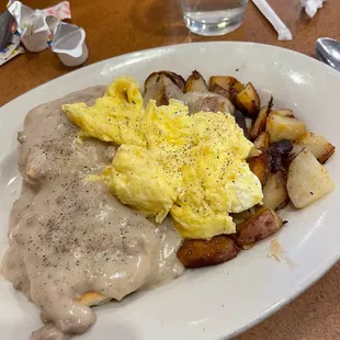 Biscuits, gravy and eggs.