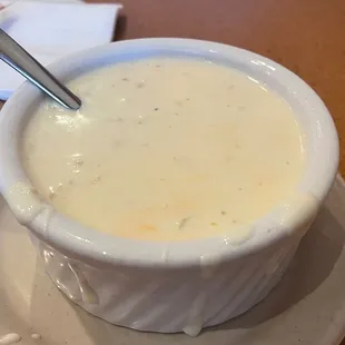 Clam chowder was creamy and good but needed salt