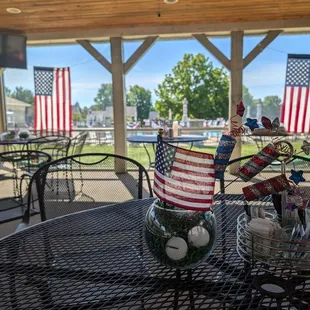 4th of July decorations at the pavilion overlooking the pool.