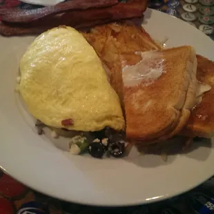 3 egg Greek omelet with hash browns, toast &amp; a side of bacon.
