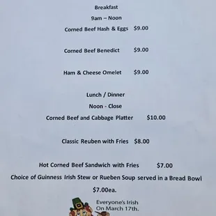 St Patty&apos;s menu