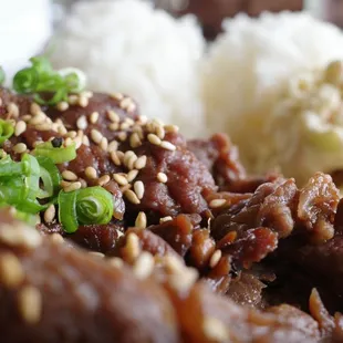 Teriyaki meat with macaroni and rice a local staple