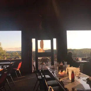 a dining room with a view