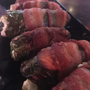 Bacon wrapped Jalapeños- yum!! Huge and temperature and heat hot !!