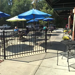 tables and umbrellas outside