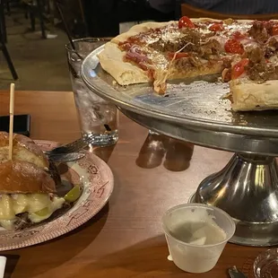 Olive burger and pizza