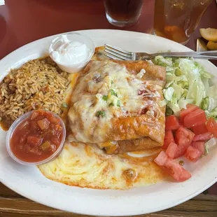 Chicken, chimichanga, and rice