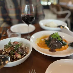 Marbled potatoes, slow braised beef cheeks, Parisian gnocchi (covered in parm there in the back).