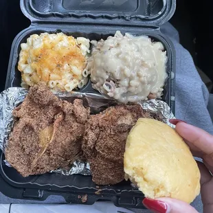 Fried Chicken Thigh Mac &amp; Cheese Rice and Beans with Gravy Cornbread Muffin