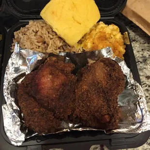 Fried Chicken, Mac &amp; Cheese, Rice and Cornbread