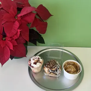 Red velvet banana pudding, cinnamon roll &amp; peach cobbler