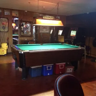 a pool table and arcade machines