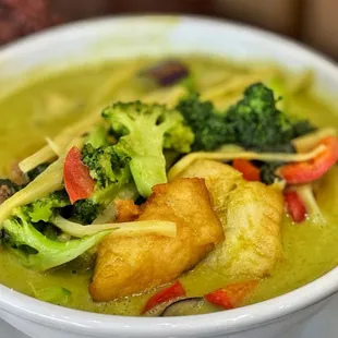 Green Curry with Tilapia: delicious! Perfectly tender flaky fish. It was $16.95 (not $15.95 as it says on the menu)