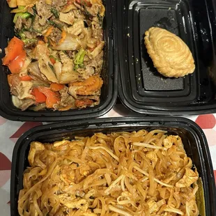 Curry puff, chicken pad Thai and beef drunken noodles