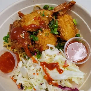 Coconut shrimp bowl with Sriracha