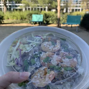 Surf &amp; turf - ribeye steak and shrimp with rice 14$