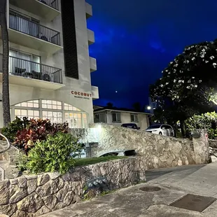 Front of hotel at night