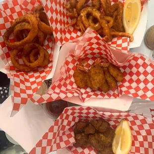 Calamari rings, oyster, butterfly shrimp