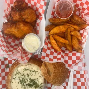 England Clam Chowder, Rockfish Basket
