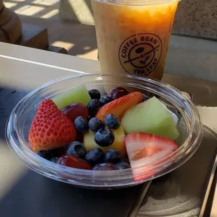 mixed fruit snack pot $4.95 small caramel iced coffee $3.35