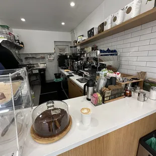 a counter with a cake on it