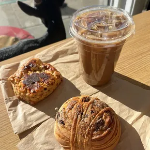 Bacon and cheddar scone, chocolate and cardamom bun, dirty iced chai latte
