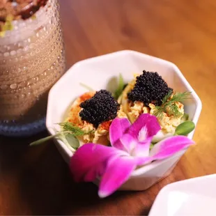 Truffle deviled eggs with caviar