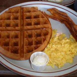 waffles &amp; eggs with bacon.