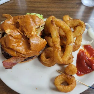 BBQ bacon burger, oh so good.  Great rings.