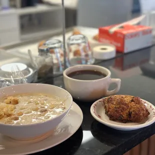 Baked potato soup , pizza scone, drip coffee.