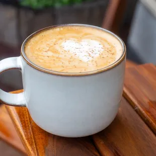 Our Haus Latte is made with haus-made maple cinnamon brown sugar syrup and a special cinnamon sugar crunch on top!