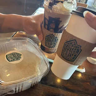 Hot chocolate for me &amp; for my fiancé he got a mocha frappe with extra whipped cream!!