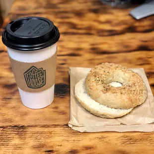 Medium hot coffee and Asiago cheese bagel
