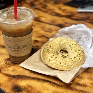 Hazelnut cold brew and Asiago cheese bagel