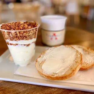 Yogurt Parfait, Bagel with Cream Cheese and Coffee
