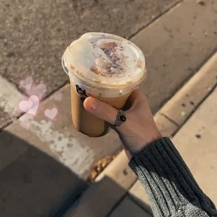 Small Iced Pumpkin Spice Latte with sweet cream cold foam and cinnamon on top. Cost was $4.60